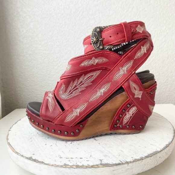Lane Boots LEXINGTON Womens Red Wedges 6.5 Western Sandals Cowgirl Wooden Heels - Picture 4 of 12